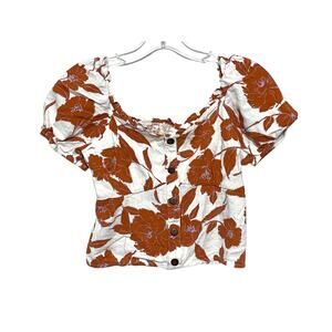 Monteau Floral Crop Top M Smocked Linen Blend Boho Cottage Milkmaid Country Y2K